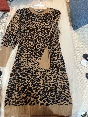 LOFT Tan and Black Leopard Print Midi Dress